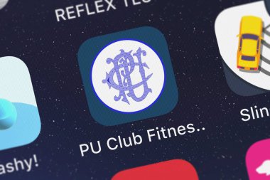 London, Büyük Britanya - 02 Ekim 2018: Pu Club Fitness mobil uygulaması Netpulse Inc bir iphone ekranında.