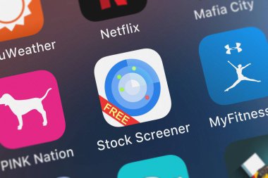 London, Büyük Britanya - 01 Ekim 2018: simge mobil App stok Screener: mobil interaktif LLC bir iPhone kolay filtreleri ile hisse Bulucu.