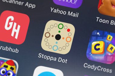 London, Büyük Britanya - 02 Ekim 2018: simge bir iPhone mobil App Tim Denyer üzerinden Stoppa nokta.