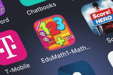 London, Büyük Britanya - 02 Ekim 2018: Edumath1-Matematik oyunları çocuklar bir iphone ekranında kübik kurbağa Apps--dan hareket eden app için.