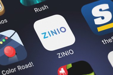 London, Büyük Britanya - 02 Ekim 2018: Close-up Zinio - dergi gazete bayi kutsal kişilerin resmi Zinio LLC bir iphone üzerinde.