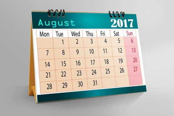 Sierpnia 2017 Białym Tle Kolorowe Tło Pulpitu Kalendarz — Zdjęcie stockowe