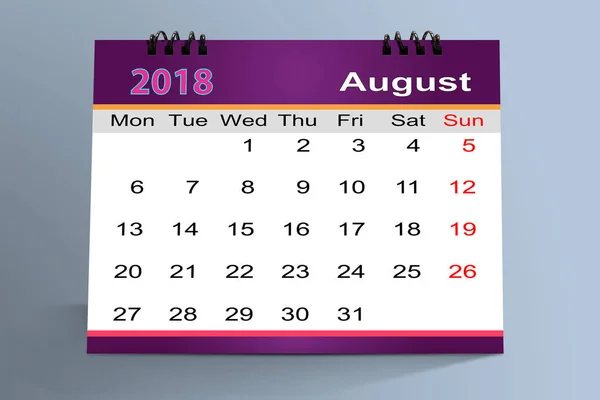 Sierpień 2018 Białym Tle Kolorowe Tło Pulpitu Kalendarz — Zdjęcie stockowe