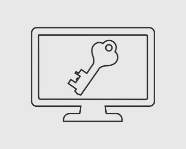 Bilgisayar güvenlik satırı simgesi. Monitör ekranında anahtar simgesi.