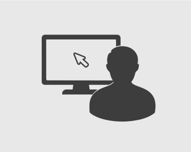 Bilgisayar kullanıcı simgesi gri arka plan üzerinde. Monitör ve adam simgesiyle 