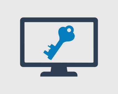 Bilgisayar güvenlik simgesi. Monitör ekranında anahtar simgesi.