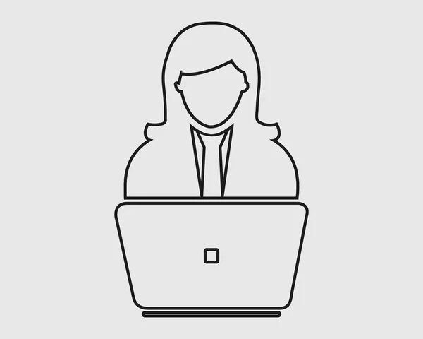 オンライン サービス ライン アイコン。コンピューターの背後にある女性のアイコン — ストックベクタ