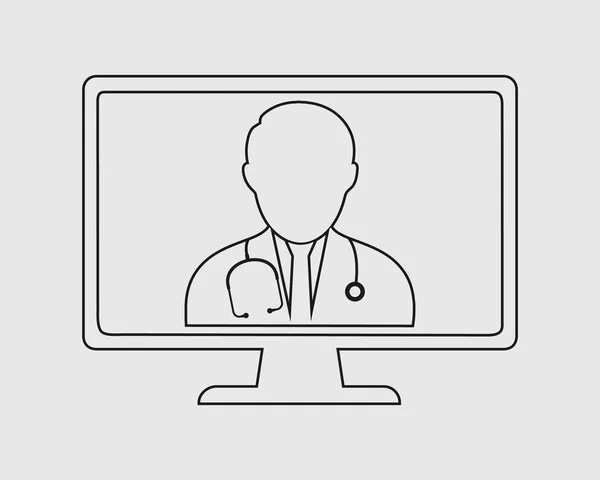 온라인 의사 선 아이콘입니다. 의사는 회색으로 컴퓨터 화면에 — 스톡 벡터