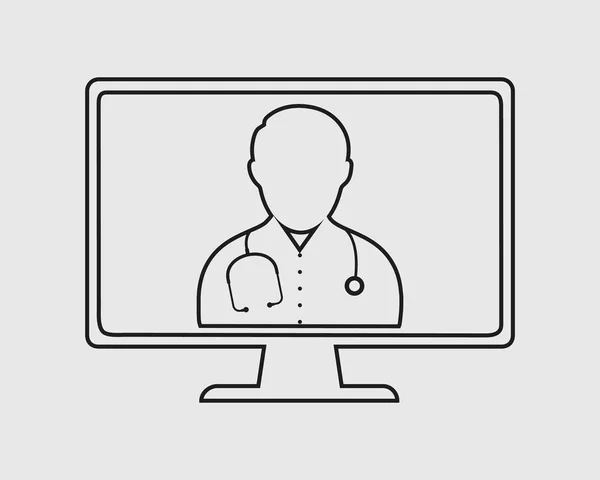 온라인 의사 선 아이콘입니다. 의사는 회색으로 컴퓨터 화면에 — 스톡 벡터