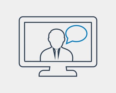 Çevrimiçi sohbet hattı simgesi. Bilgisayar monit erkek ve kabarcık sembolü