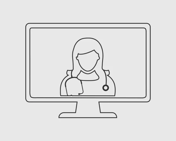 Online Medical help line  Icon. Female Doctor is on computer scr
