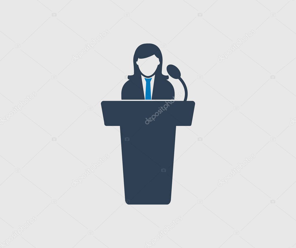 Female Speaker icon on gray background. Flat style Vector EPS.