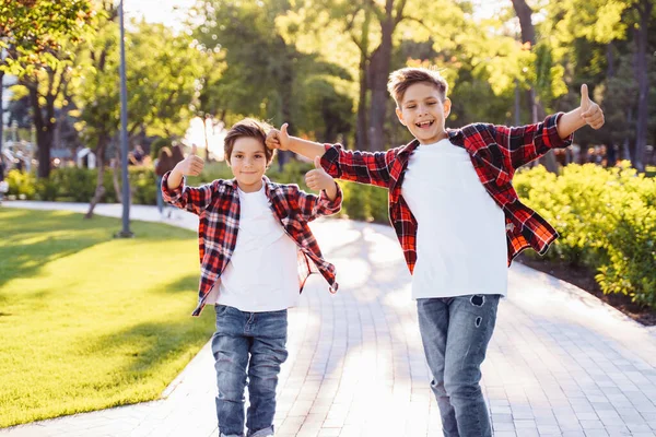 Dwóch Uroczych Chłopców Jeżdżących Deskorolkach Parku Słoneczne Popołudnie Alance Ręce — Zdjęcie stockowe