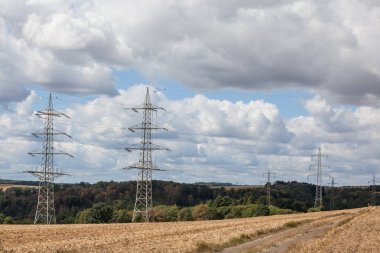 elektrik direkleri ile bulutlu bir günde bir doğa rezerv