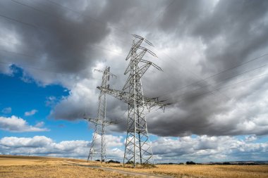 elektrik direkleri ile bulutlu bir günde bir doğa rezerv