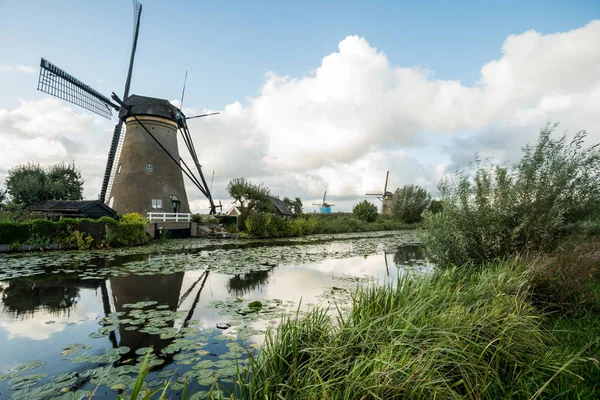 Wodzie Znajduje Się Kilka Wiatraków Kinderdijk Holandii — Zdjęcie stockowe