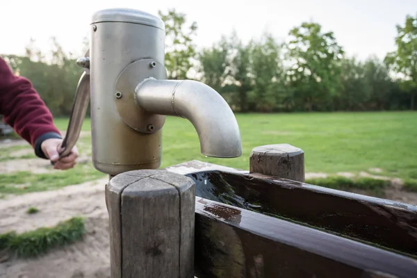 Parkban Van Egy Fából Készült Vízesés Egy Víz Szivattyú — Stock Fotó