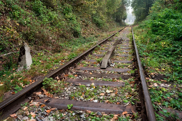 Una Mañana Brumosa Largo Del Ferrocarril Una Pequeña Ciudad Durante —  Fotos de Stock