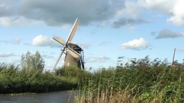 Wodzie Znajduje Się Kilka Wiatraków Kinderdijk Holandii — Wideo stockowe