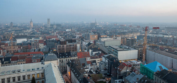At sunrise with a beautiful view over Ghent in winter