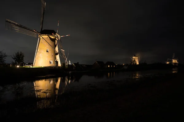 Tijdens Nacht Avond Verlicht Van Wereld Beroemde Kinderdijk Nederland Met — Stockfoto