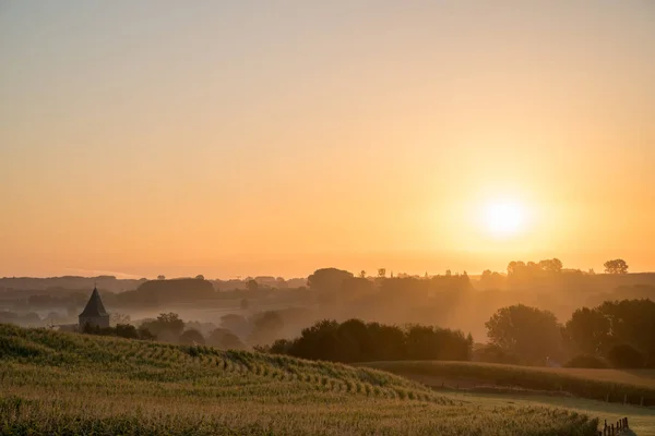 Einem Sonnigen Septembermorgen Steht Diese Schöne Rozebeke Kirche Nebel Mit — Stockfoto