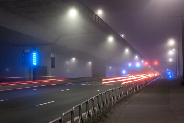 在繁忙的街道上 浓雾中 红绿灯闪烁 — 图库照片