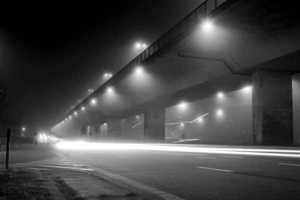 Vroeg Ochtend Een Drukke Straat Met Verkeerslichten Dikke Mist — Stockfoto