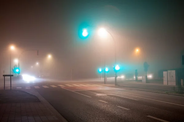 道路上の早朝にあなたは厚い霧の中でこれらの信号を持っている — ストック写真