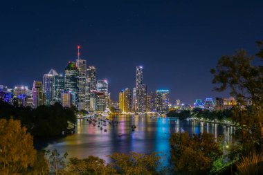 Brisbane, Avustralya gece sakin nehir ve görkemli ışıklı şehir arka plan üzerinde büyüyen sonbahar ağaçlar güzel görünümü
