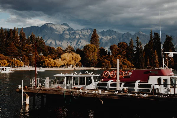 Bateau Tourisme Moderne Flottant Surface Eau Sur Fond Forêt Automne — Photo