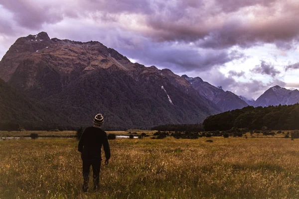 뉴질랜드의 산으로 계곡에 관광객의 — 스톡 사진