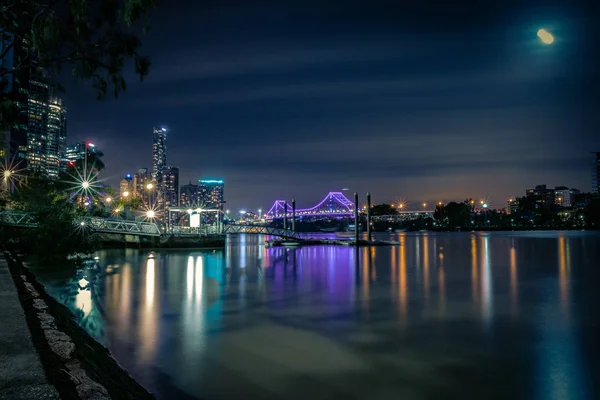 现代照明城市的海岸观在月光下的河流平静的水下 明亮的紫色桥梁和绿色的叶子 — 图库照片