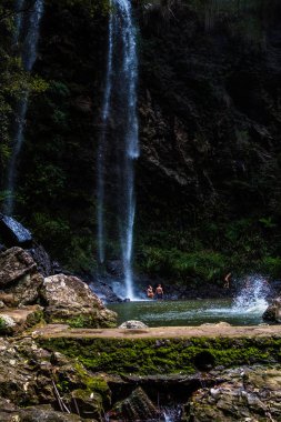İnsanlar ile yüksek kaya, Brisbane düşen su cascade taze küçük havuzda vakit görünümünü