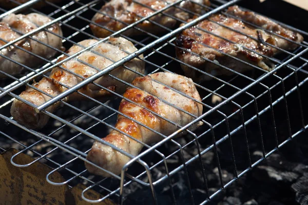 Yanan kömür üzerinde ızgara pişirme tavuk ızgara parçaları — Stok fotoğraf
