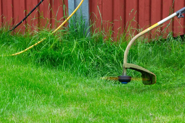 Cortar hierba verde en el césped de verano con segadora en acción — Foto de Stock