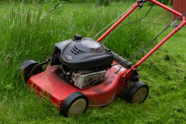 Yazlık parkta yeşil çim biçen adam