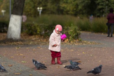 Sonbahar parkında güvercinleri besleyen küçük kız