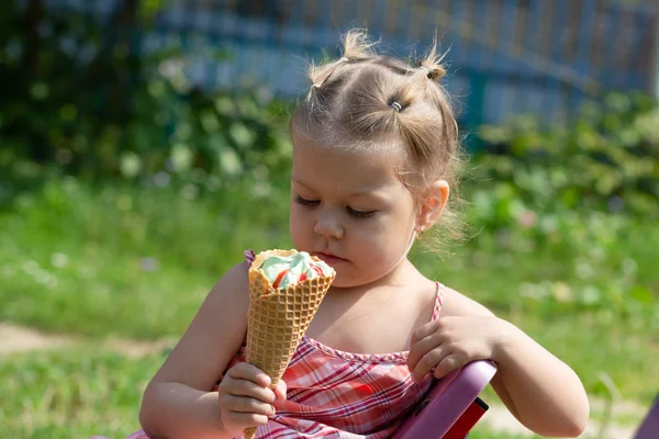 Joyeuse fille lttle regardant la corne de gaufre de crème glacée dans le parc d'été — Photo