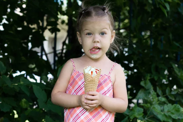 Bonne petite fille avec corne de gaufre de crème glacée regardant la caméra dans le parc d'été — Photo