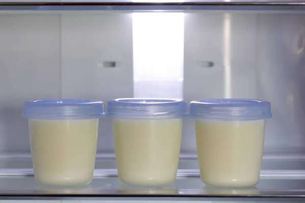 Schowek na mleko z piersi przechowywany w tylnej części lodówki — Zdjęcie stockowe