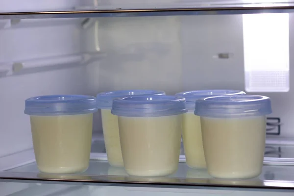 Almacenamiento de leche materna almacenada en la parte posterior del refrigerador — Foto de Stock