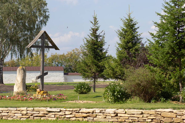 Wooden orthodox cross on the territory of the island town Sviyazhsk