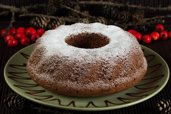 Χριστουγεννιάτικο κέικ σοκολάτας με ζάχαρη σε σκόνη στο πράσινο πιάτο — Φωτογραφία Αρχείου