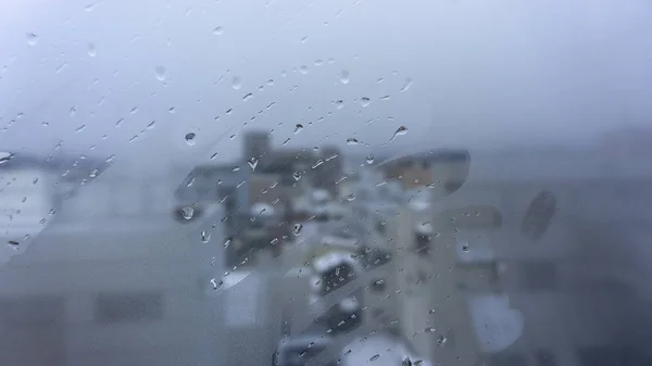 Desenho Mão Gotas Água Vidro Janela Cidade Desfocado Fundo — Fotografia de Stock