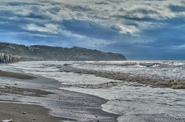 Regnerischer Tag Morgen Strand Stockbild