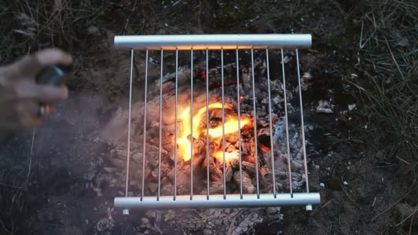 Tillagning Färsk Korv Grillen Skogen Uppifrån Och — Stockvideo