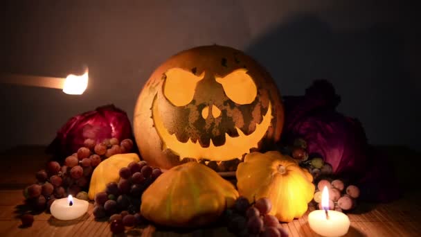 Fille Allumer Les Bougies Sur Sculpté Jack Latern Halloween Citrouille — Video