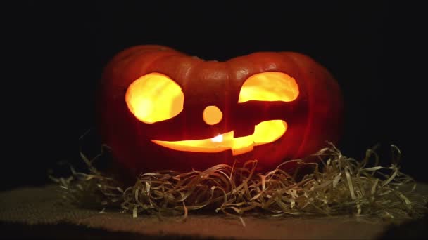 Woman Hand Starts Lights Candles Carved Halloween Jack Latern Pumpkin — Stock Video