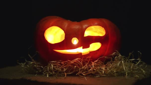 Woman Hand Starts Lights Candles Carved Halloween Jack Latern Pumpkin — Stock Video